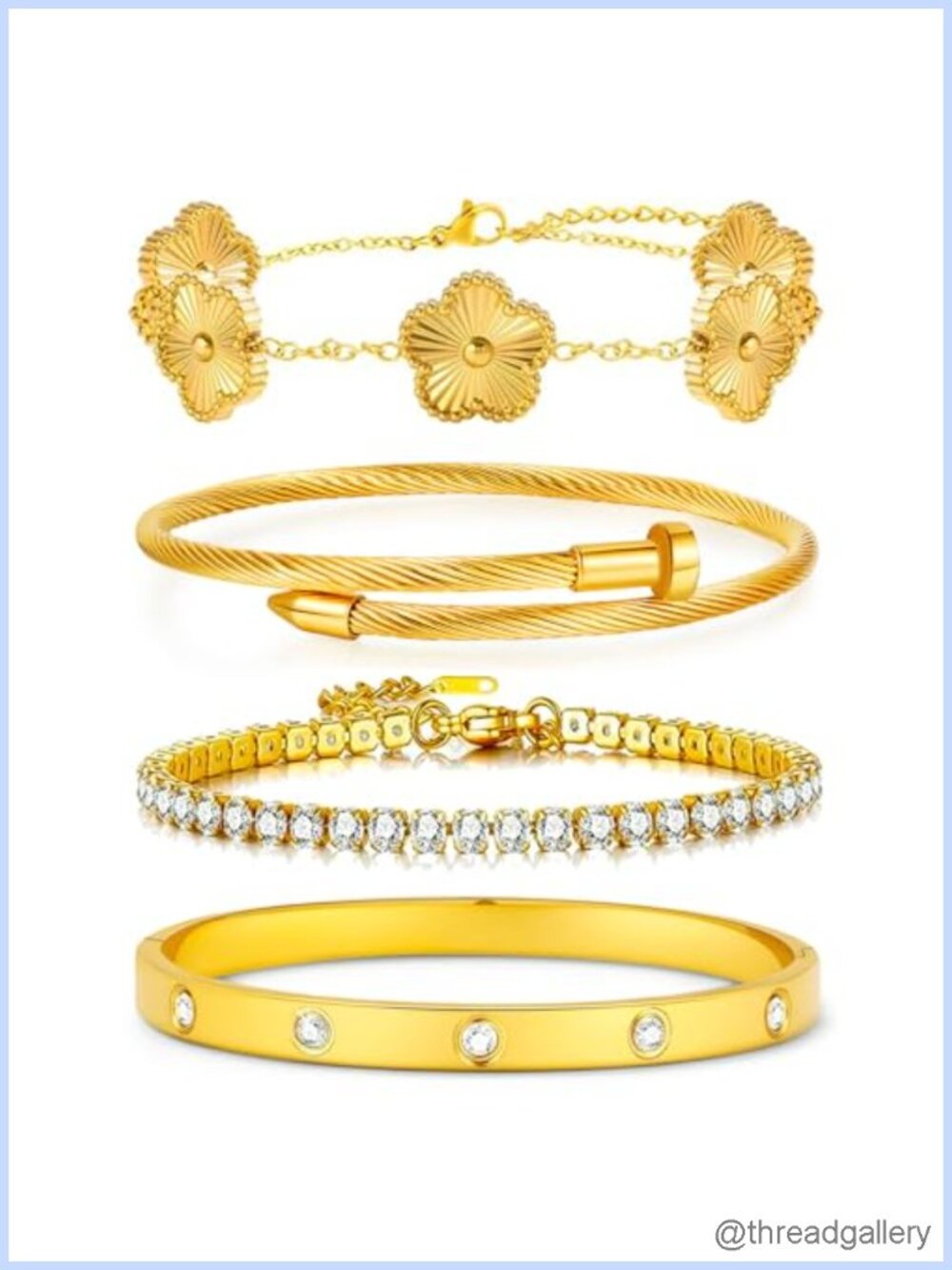 Stainless Steel Clover Bracelet Set Cubic Zirconia 18K Gold Plated Stackable